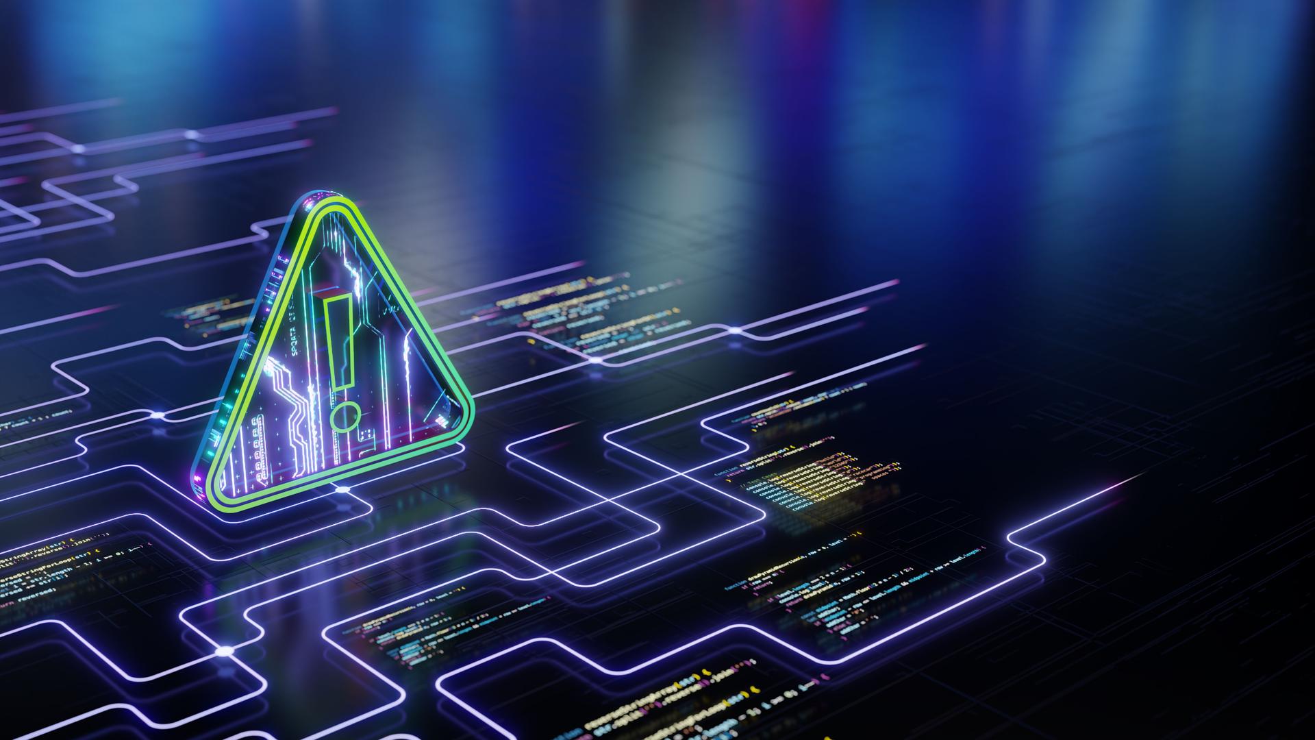 Cyber security, hack attack, warning concept. Glowing Attention sign with exclamation mark in triangle. Attention, warning 3d icon on abstract digital tech background
